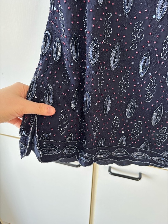 Frank Usher Navy Beaded Embroidered Top Heavy Luxe Blouse Event Quiet Luxury S - Picture 4 of 16